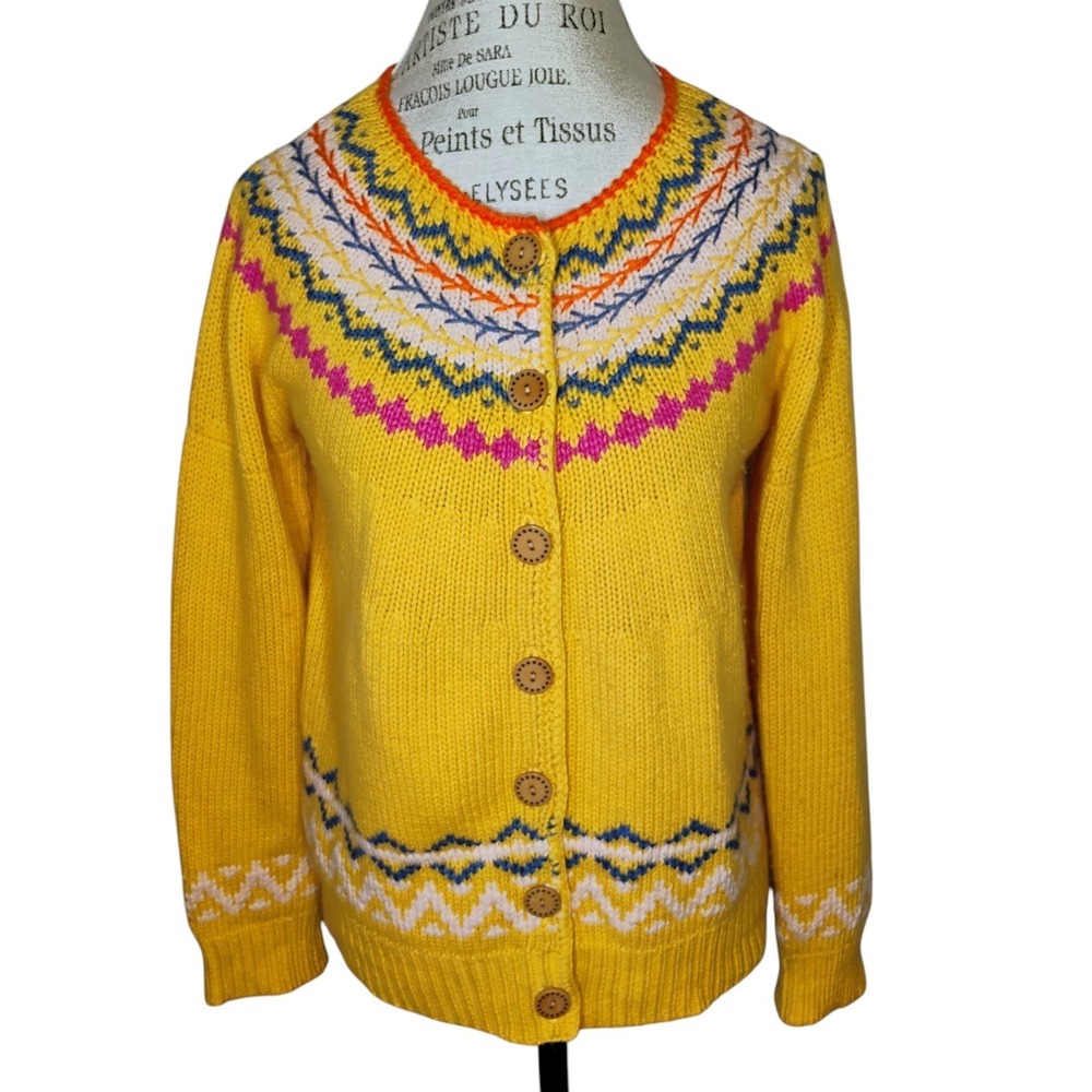 Sundance Cardigan Sweater Womens M Wool Cashmere Blend Yellow Fair Isle Nordic - Picture 1 of 9